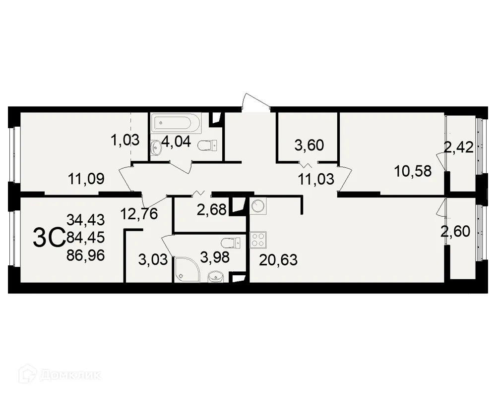 Планировка 3-комнатной квартиры 86.96 м² в ЖК"Новое измерение", г. Рязань — фото 3