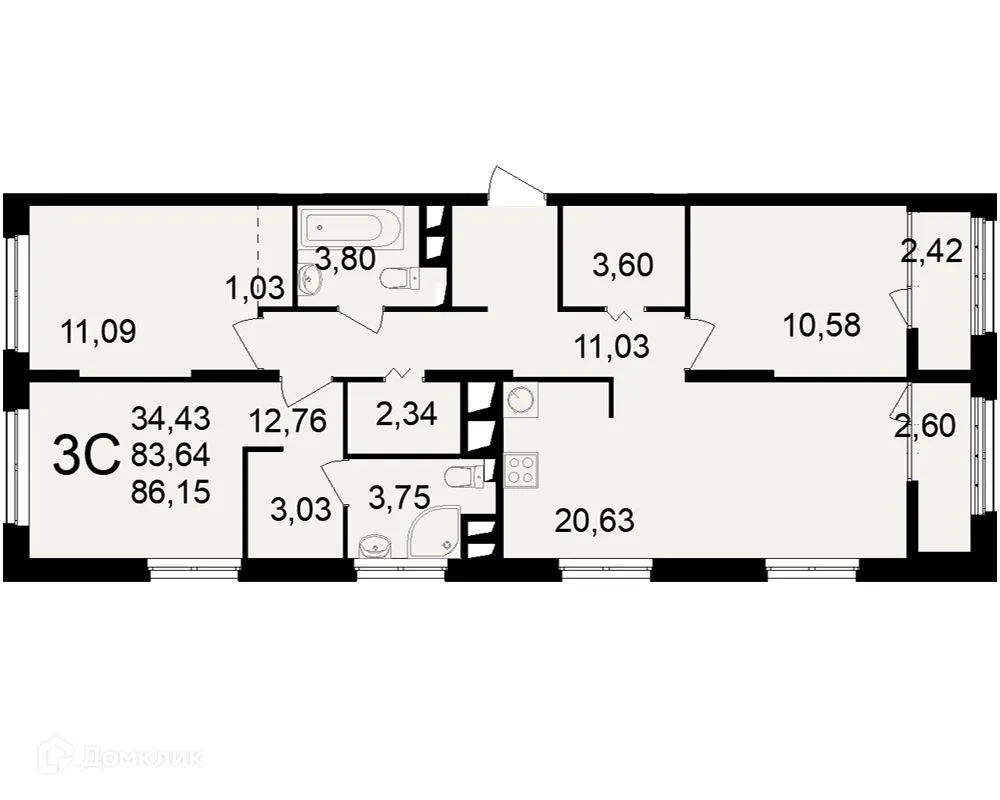 Планировка 3-комнатной квартиры 86.15 м² в ЖК"Новое измерение", г. Рязань — фото 1