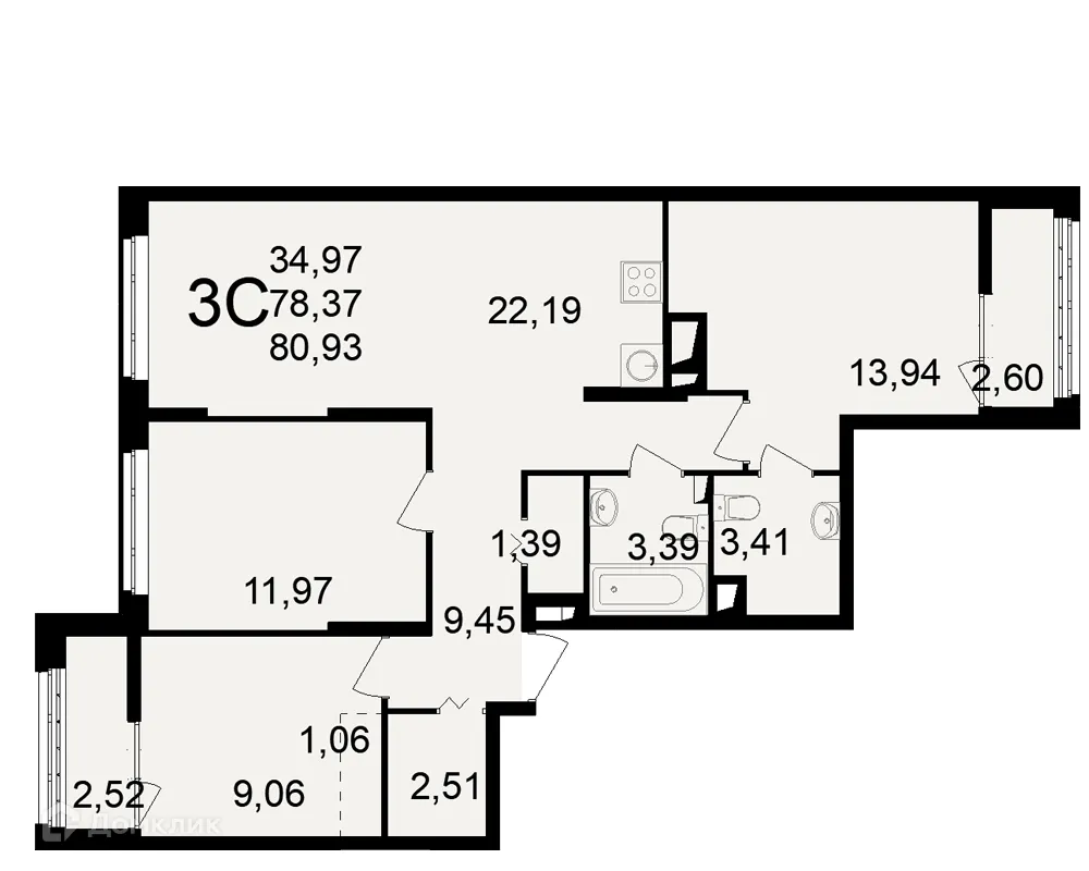 Планировка 3-комнатной квартиры 80.93 м² в ЖК"Новое измерение", г. Рязань — фото 1