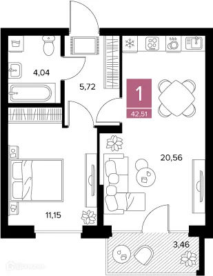 Планировка 1-комнатной квартиры 42.51 м² в ЖК Квартал Дягилев, г. Рязань — фото 2