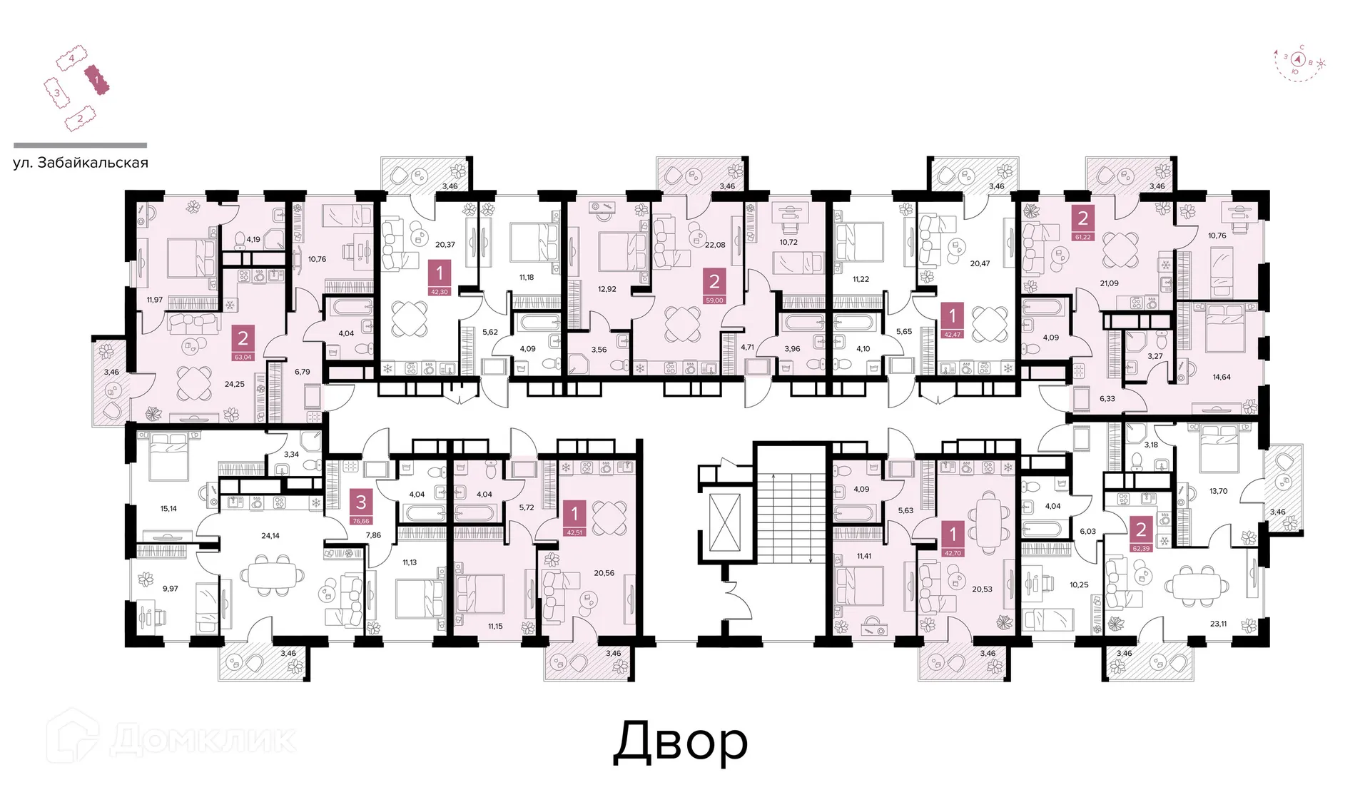 Планировка 1-комнатной квартиры 42.51 м² в ЖК Квартал Дягилев, г. Рязань — фото 3