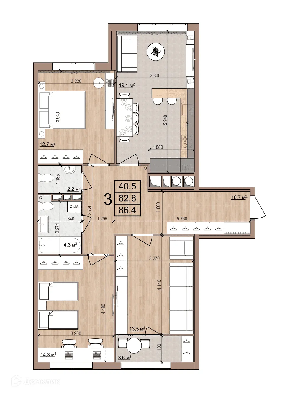 Планировка 3-комнатной квартиры 86.4 м² в ЖК Skyline (Скайлайн), г. Рязань — фото 1