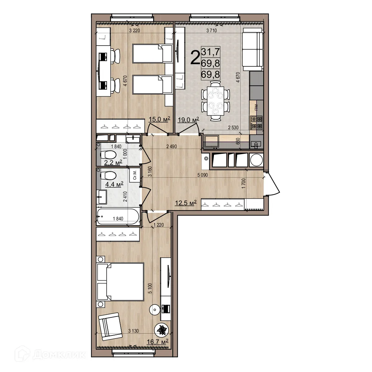 Планировка 2-комнатной квартиры 69.8 м² в ЖК Еврокласс-5, г. Рязань — фото 1