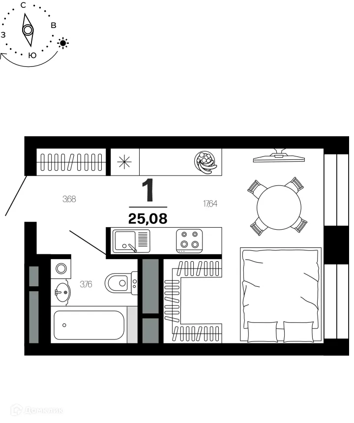 Планировка 1-комнатной квартиры 25.08 м² в ЖК Тринити, г. Рязань — фото 1
