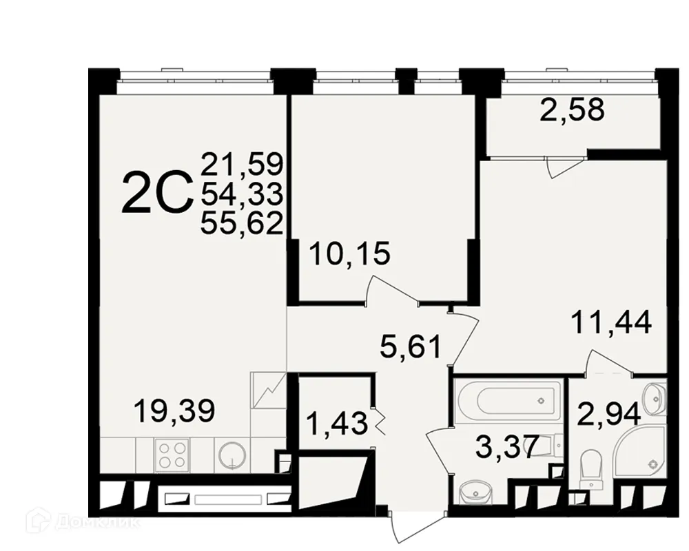 Планировка 2-комнатной квартиры 55.62 м² в ЖК"Новое измерение", г. Рязань — фото 1