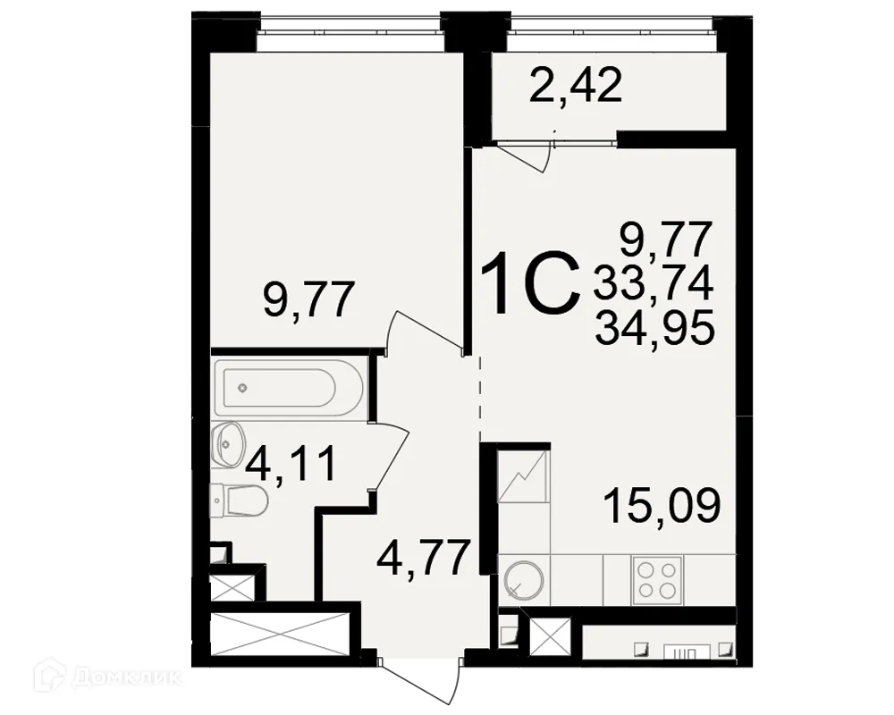 Планировка 1-комнатной квартиры 34.95 м² в ЖК"Новое измерение", г. Рязань — фото 1