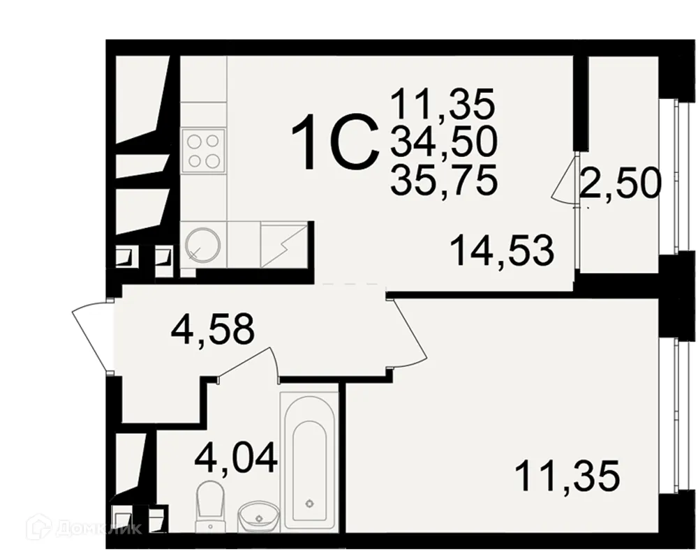 Планировка 1-комнатной квартиры 35.75 м² в ЖК"Новое измерение", г. Рязань — фото 1