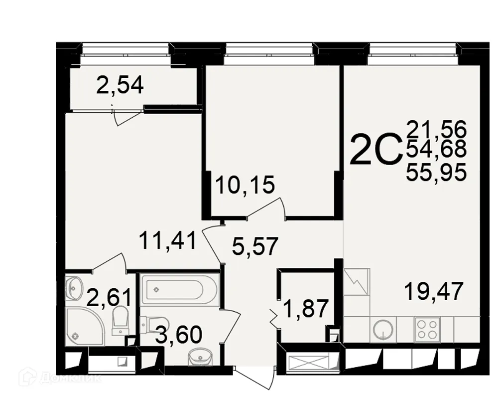 Планировка 2-комнатной квартиры 55.95 м² в ЖК"Новое измерение", г. Рязань — фото 1