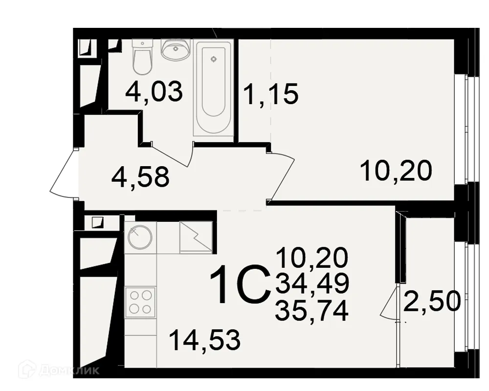 Планировка 1-комнатной квартиры 35.74 м² в ЖК"Новое измерение", г. Рязань — фото 1