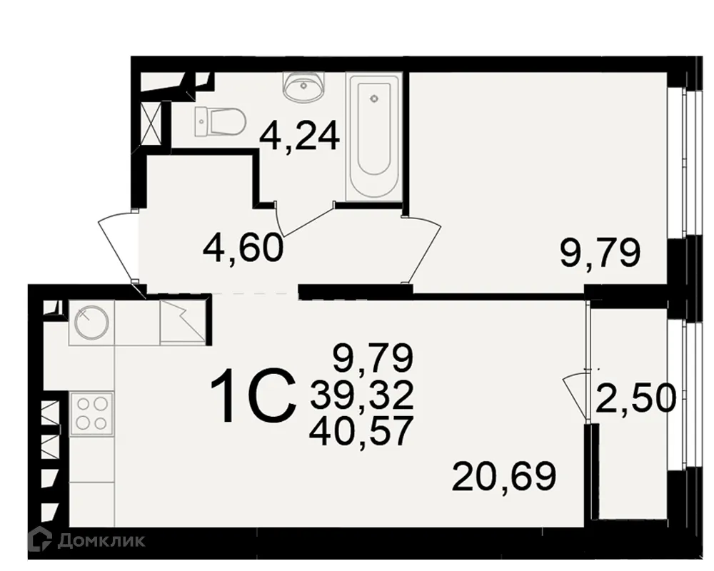 Планировка 1-комнатной квартиры 40.57 м² в ЖК"Новое измерение", г. Рязань — фото 1