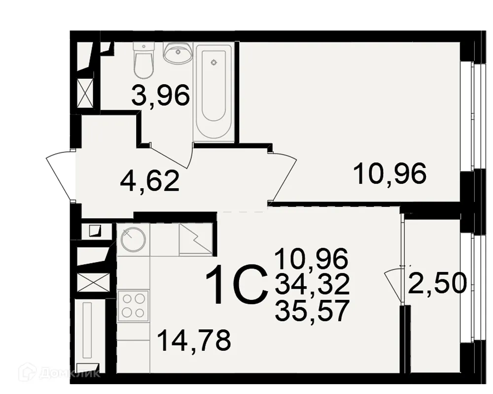 Планировка 1-комнатной квартиры 35.57 м² в ЖК"Новое измерение", г. Рязань — фото 1