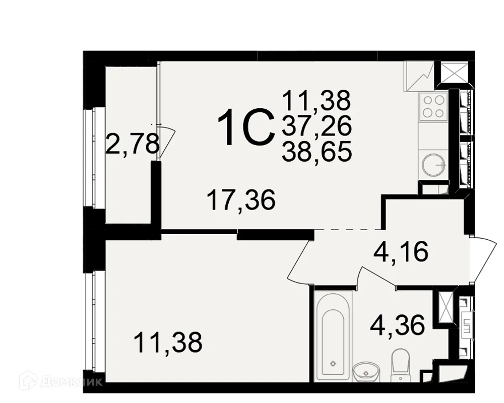 Планировка 1-комнатной квартиры 38.65 м² в ЖК"Новое измерение", г. Рязань — фото 1