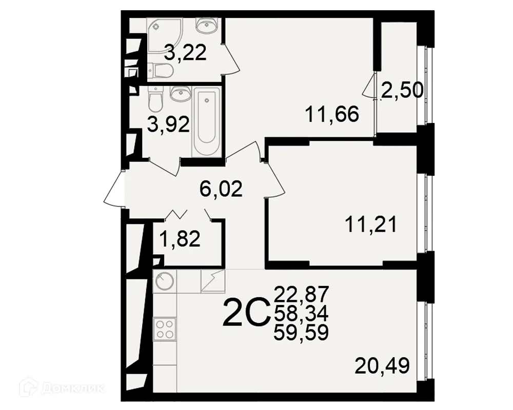 Планировка 2-комнатной квартиры 59.59 м² в ЖК"Новое измерение", г. Рязань — фото 1