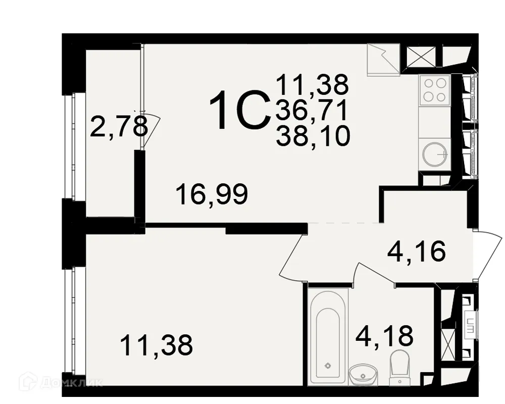 Планировка 1-комнатной квартиры 38.1 м² в ЖК"Новое измерение", г. Рязань — фото 1