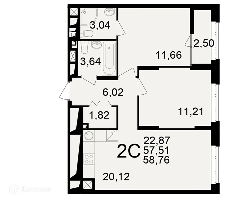 Планировка 2-комнатной квартиры 58.76 м² в ЖК"Новое измерение", г. Рязань — фото 1
