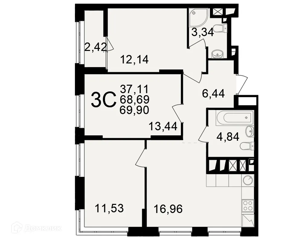 Планировка 3-комнатной квартиры 69.9 м² в ЖК"Новое измерение", г. Рязань — фото 1