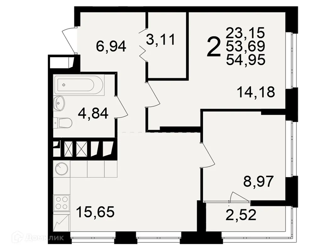 Планировка 2-комнатной квартиры 54.95 м² в ЖК"Новое измерение", г. Рязань — фото 1