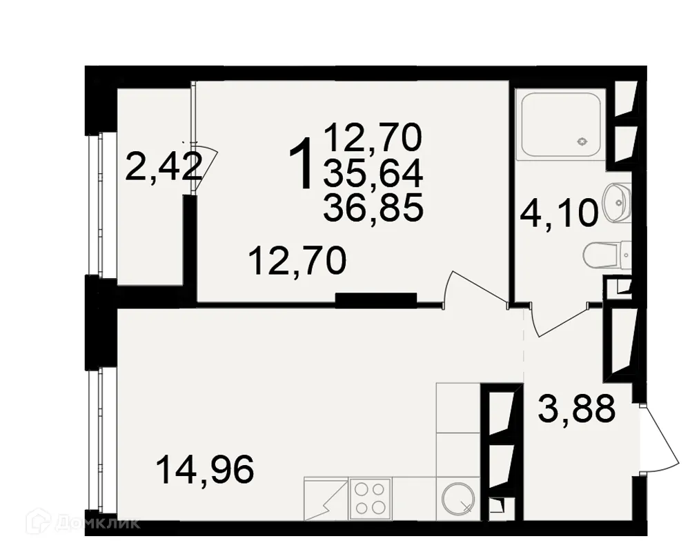 Планировка 1-комнатной квартиры 36.85 м² в ЖК"Новое измерение", г. Рязань — фото 1