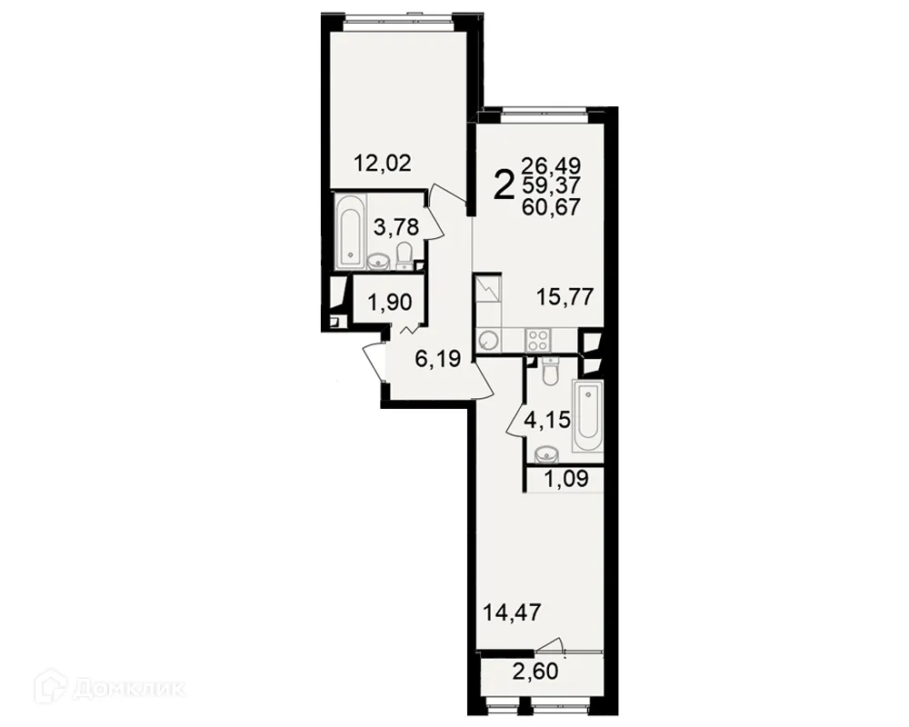 Планировка 2-комнатной квартиры 60.67 м² в ЖК"Новое измерение", г. Рязань — фото 1