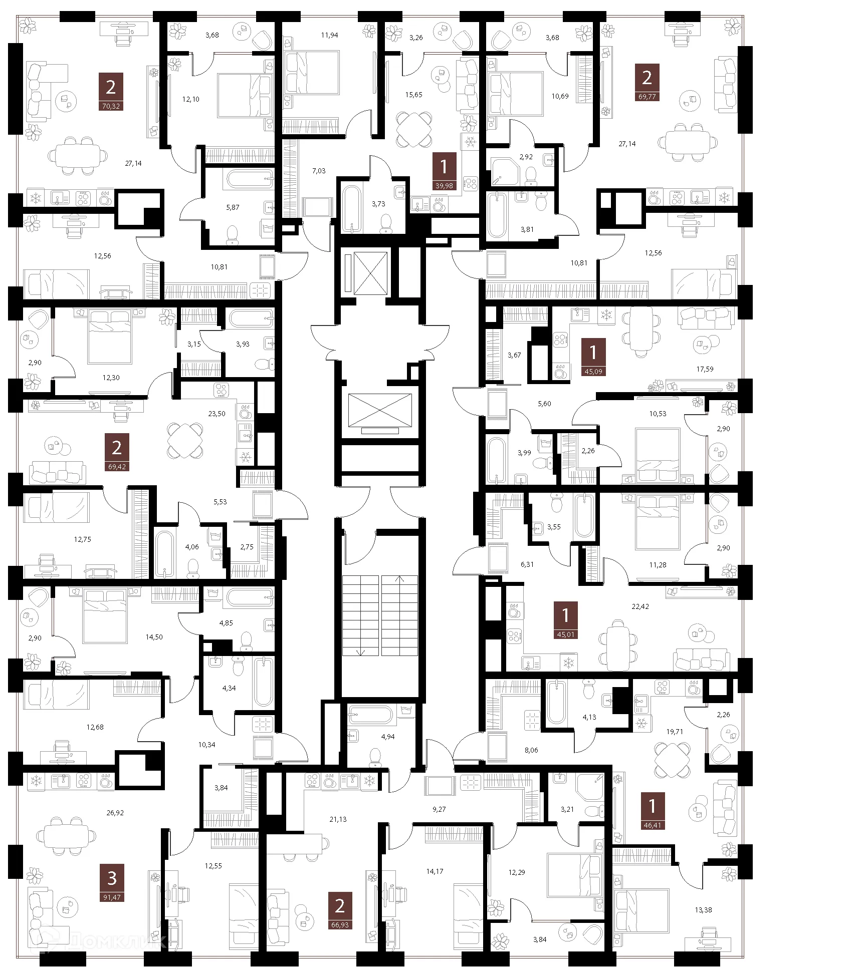 Планировка 1-комнатной квартиры 39.98 м² в ЖК «Галерея», г. Рязань — фото 2