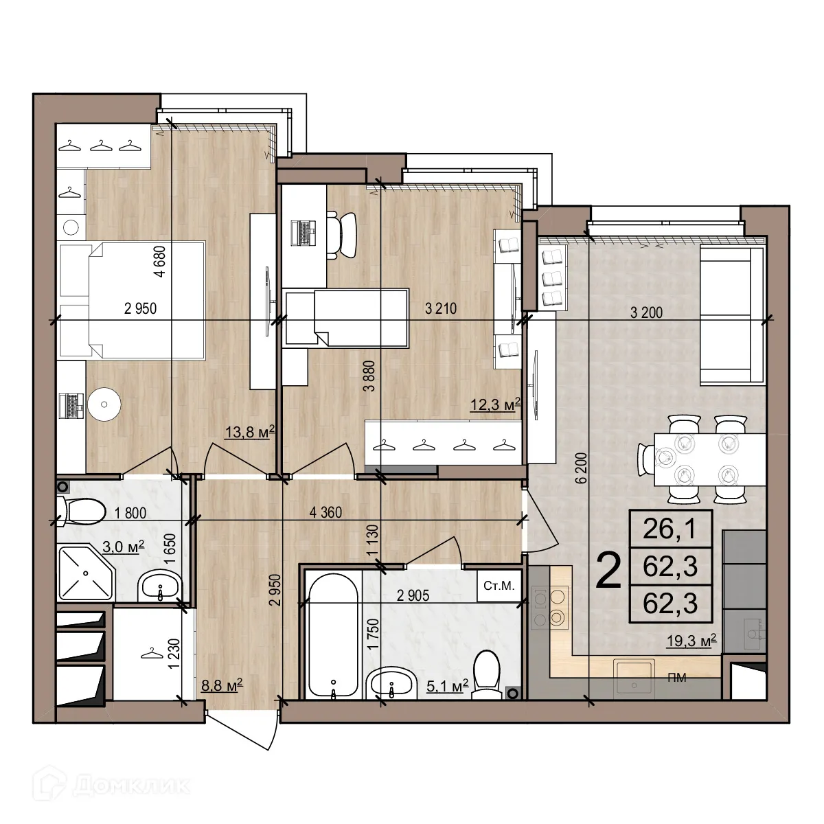Планировка 2-комнатной квартиры 62.3 м² в Полярная звезда, г. Рязань — фото 1