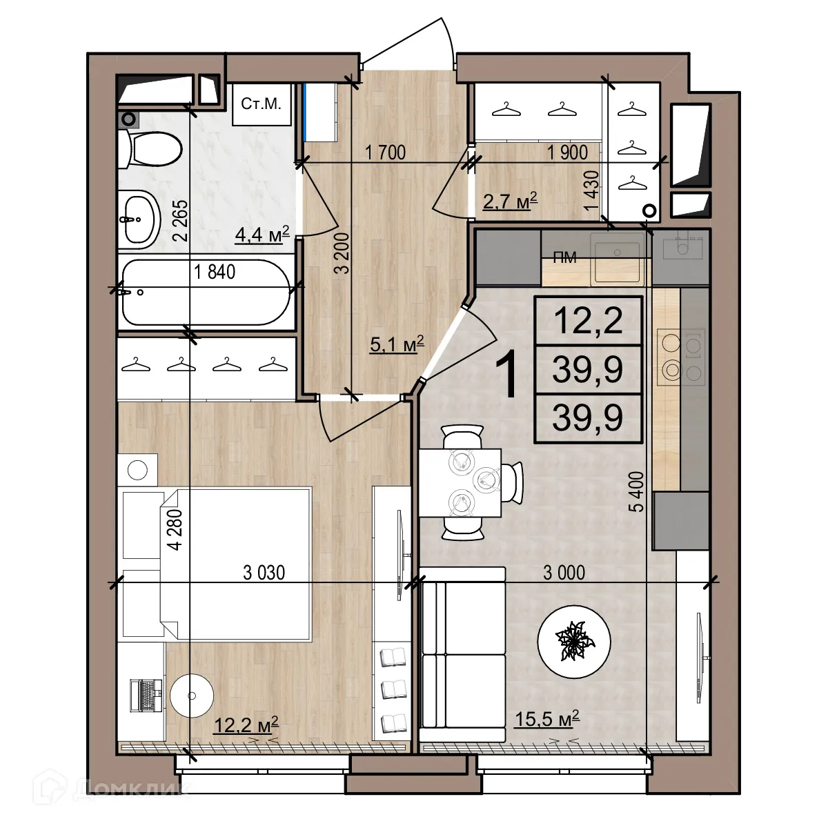 Планировка студии квартиры 39.9 м² в Полярная звезда, г. Рязань — фото 1