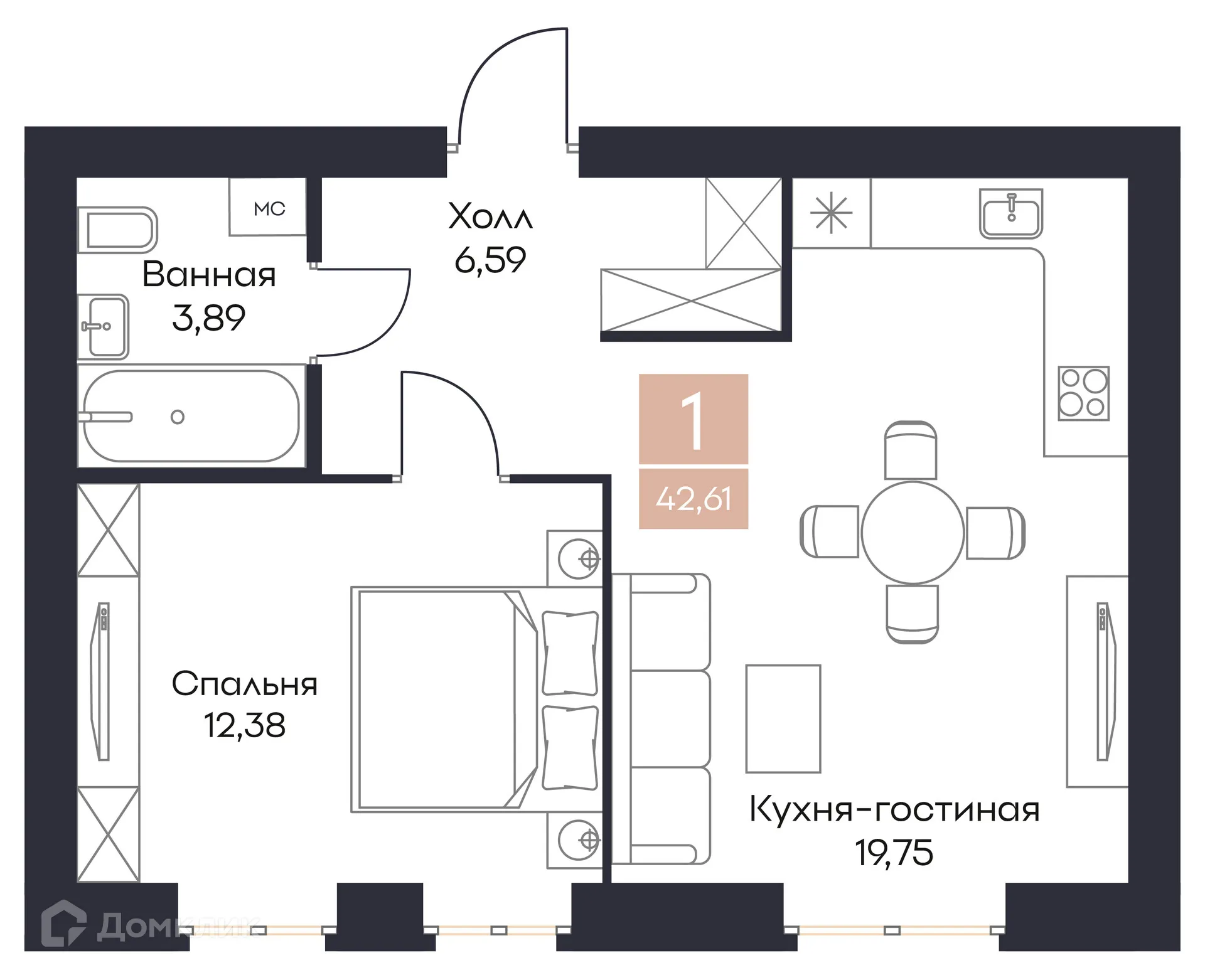 Планировка 1-комнатной квартиры 42.61 м² в ЖК Резиденция Поляна, г. Рязань — фото 1
