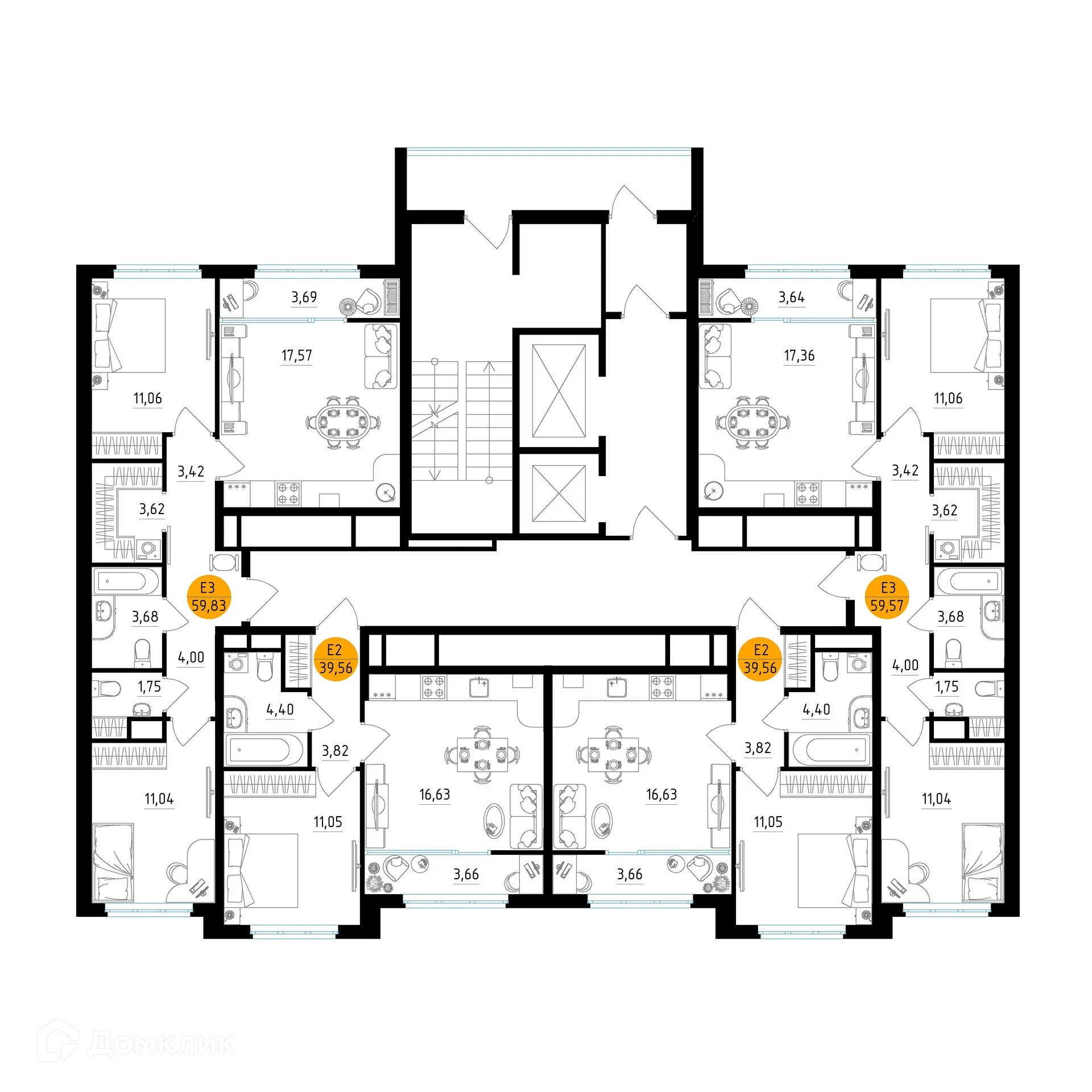 Планировка 2-комнатной квартиры 59.57 м² в ЖК Смарт Квартал ЦЕНТРАЛЬНЫЙ, г. Рязань — фото 2