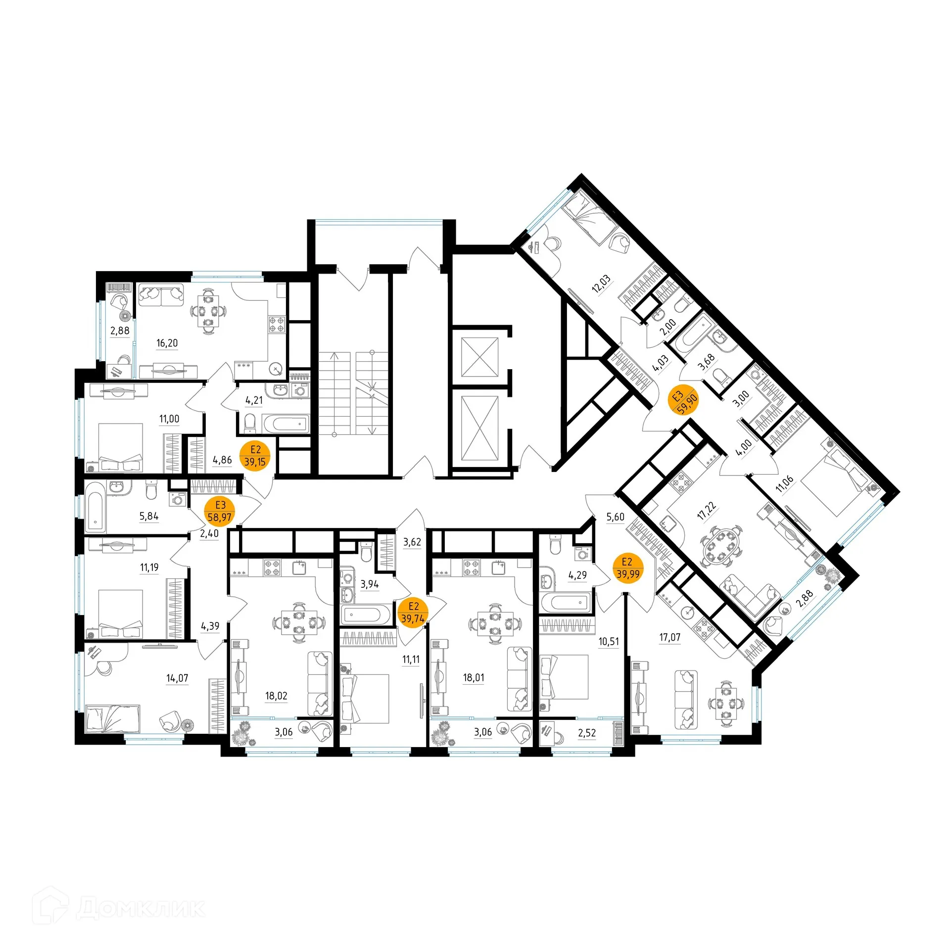 Планировка 1-комнатной квартиры 39.99 м² в ЖК Смарт Квартал ЦЕНТРАЛЬНЫЙ, г. Рязань — фото 2