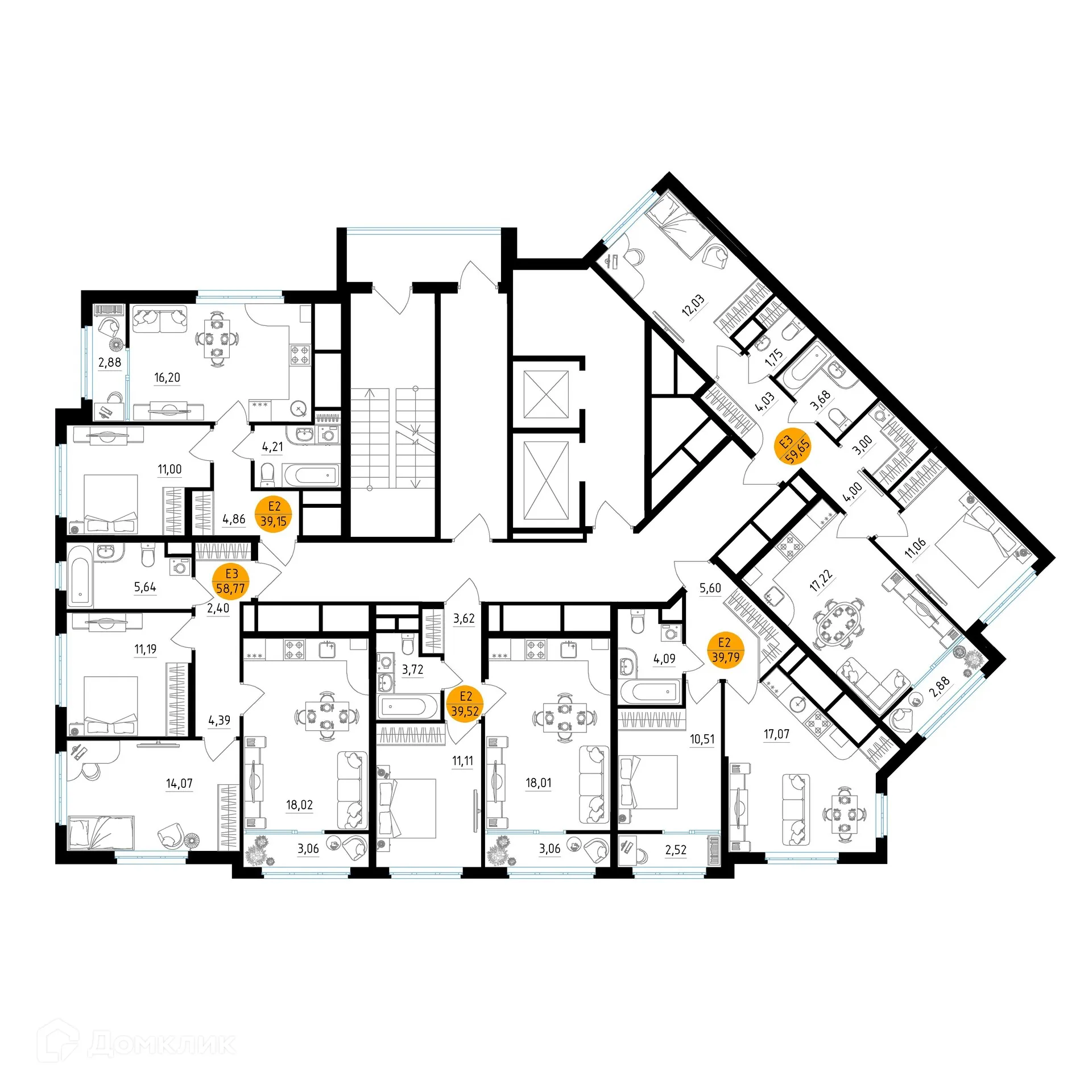 Планировка 1-комнатной квартиры 39.79 м² в ЖК Смарт Квартал ЦЕНТРАЛЬНЫЙ, г. Рязань — фото 2