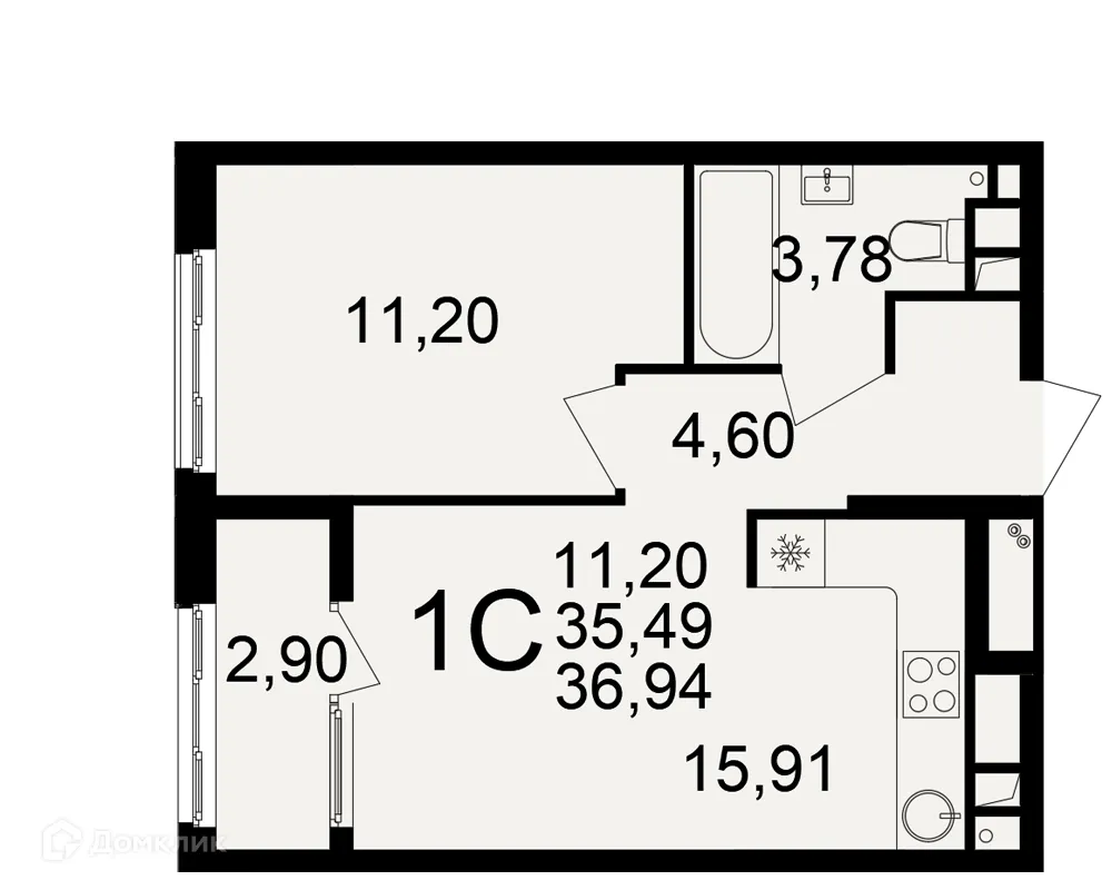 Планировка 1-комнатной квартиры 36.94 м² в Импульс, г. Рязань — фото 1