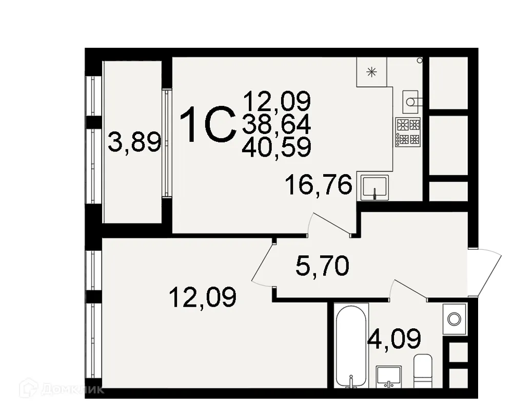 Планировка 1-комнатной квартиры 40.59 м² в ЖК "Открытие", г. Рязань — фото 1