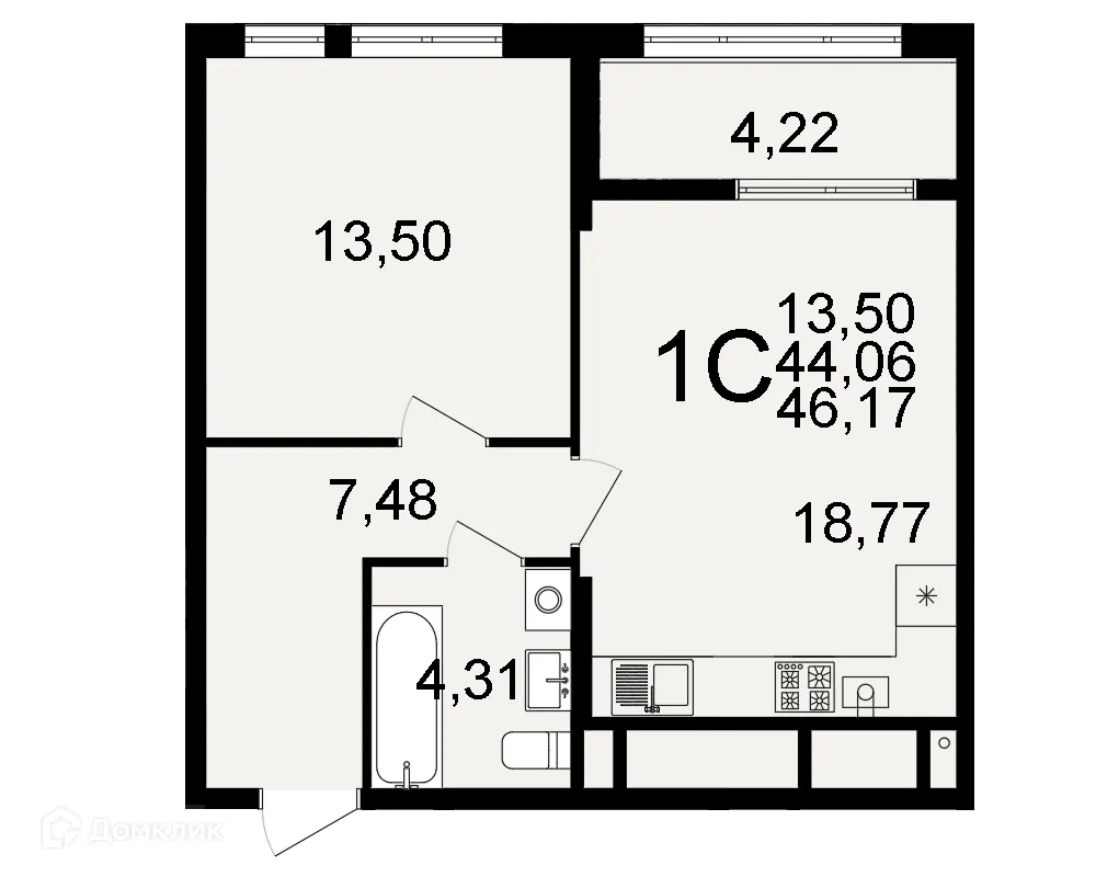 Планировка 1-комнатной квартиры 46.17 м² в ЖК "Открытие", г. Рязань — фото 1