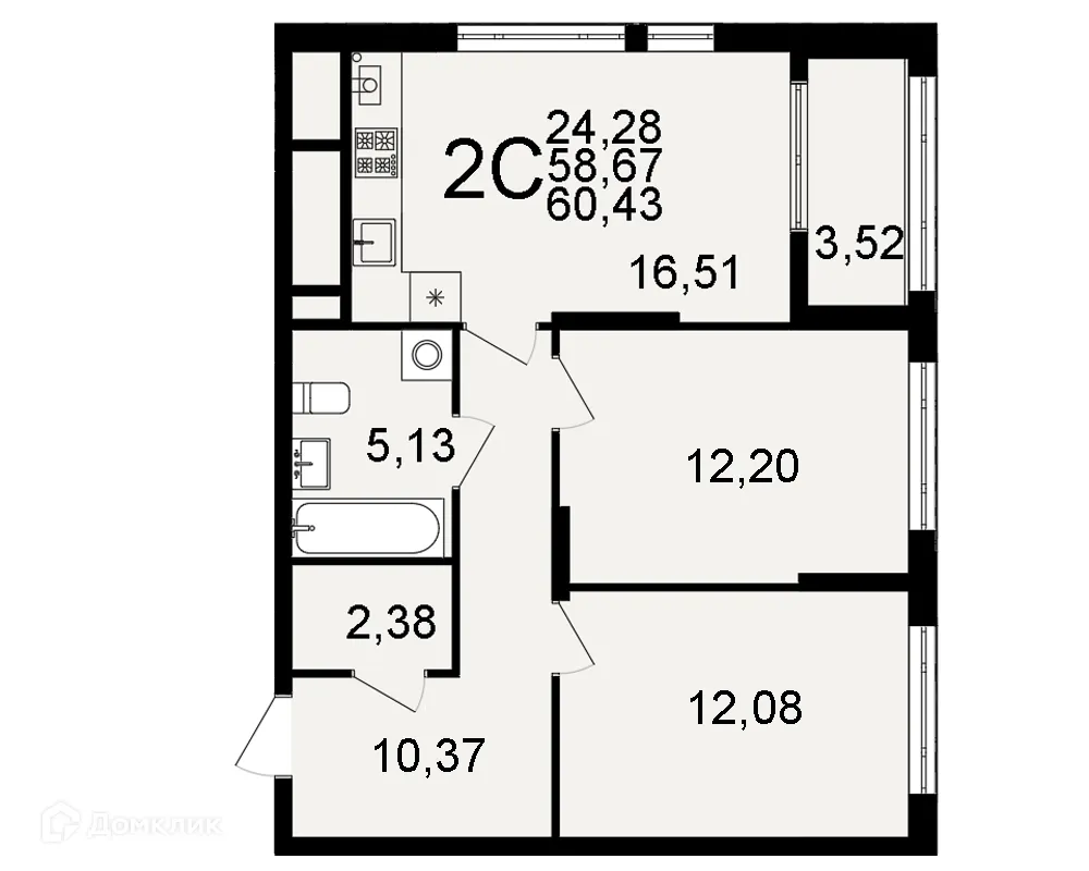 Планировка 2-комнатной квартиры 60.43 м² в ЖК "Открытие", г. Рязань — фото 1