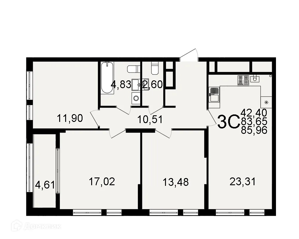 Планировка 3-комнатной квартиры 85.96 м² в ЖК "Открытие", г. Рязань — фото 1