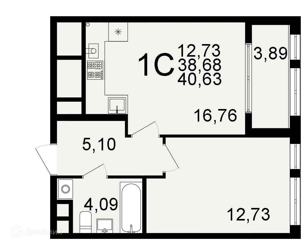Планировка 1-комнатной квартиры 40.63 м² в ЖК "Открытие", г. Рязань — фото 1