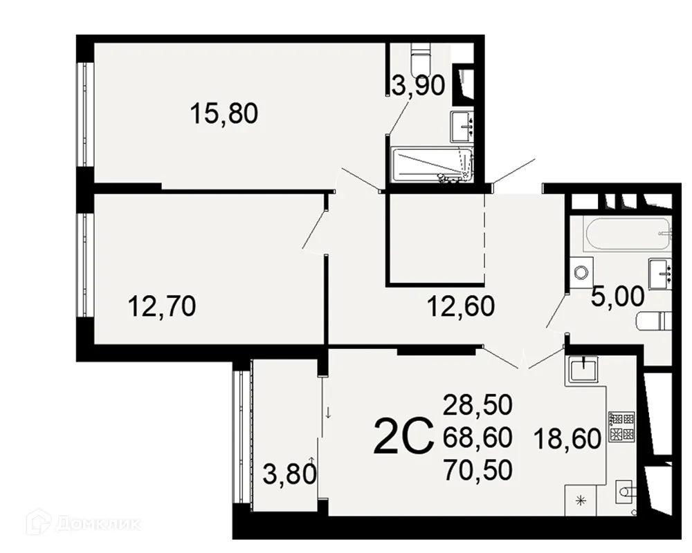 Планировка 2-комнатной квартиры 70.5 м² в ЖК "Открытие", г. Рязань — фото 1