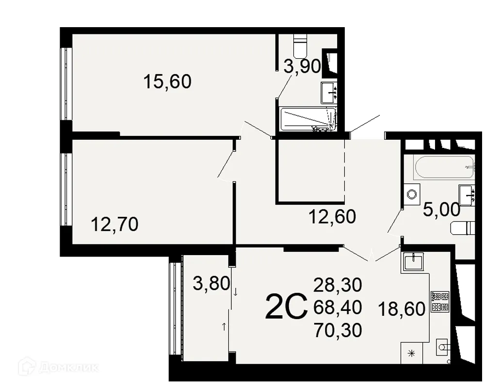 Планировка 2-комнатной квартиры 70.3 м² в ЖК "Открытие", г. Рязань — фото 1