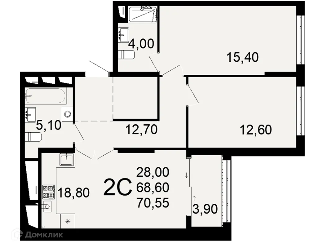 Планировка 2-комнатной квартиры 70.55 м² в ЖК "Открытие", г. Рязань — фото 1