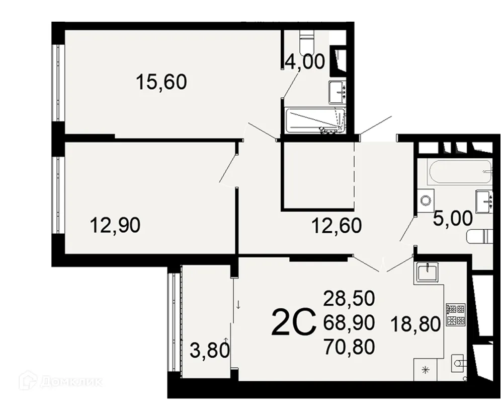 Планировка 2-комнатной квартиры 70.8 м² в ЖК "Открытие", г. Рязань — фото 1