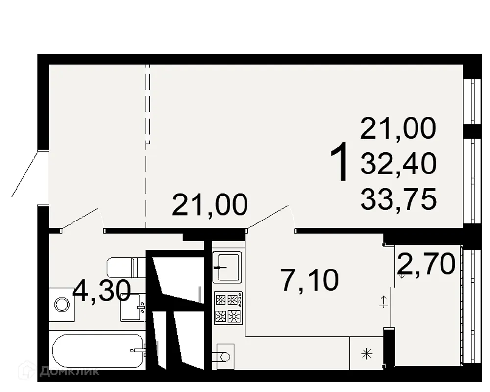 Планировка 1-комнатной квартиры 33.75 м² в ЖК "Открытие", г. Рязань — фото 2