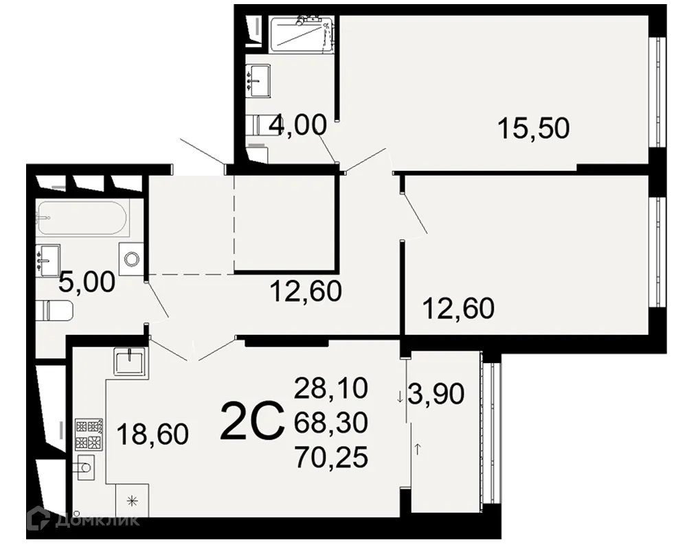 Планировка 2-комнатной квартиры 70.25 м² в ЖК "Открытие", г. Рязань — фото 1