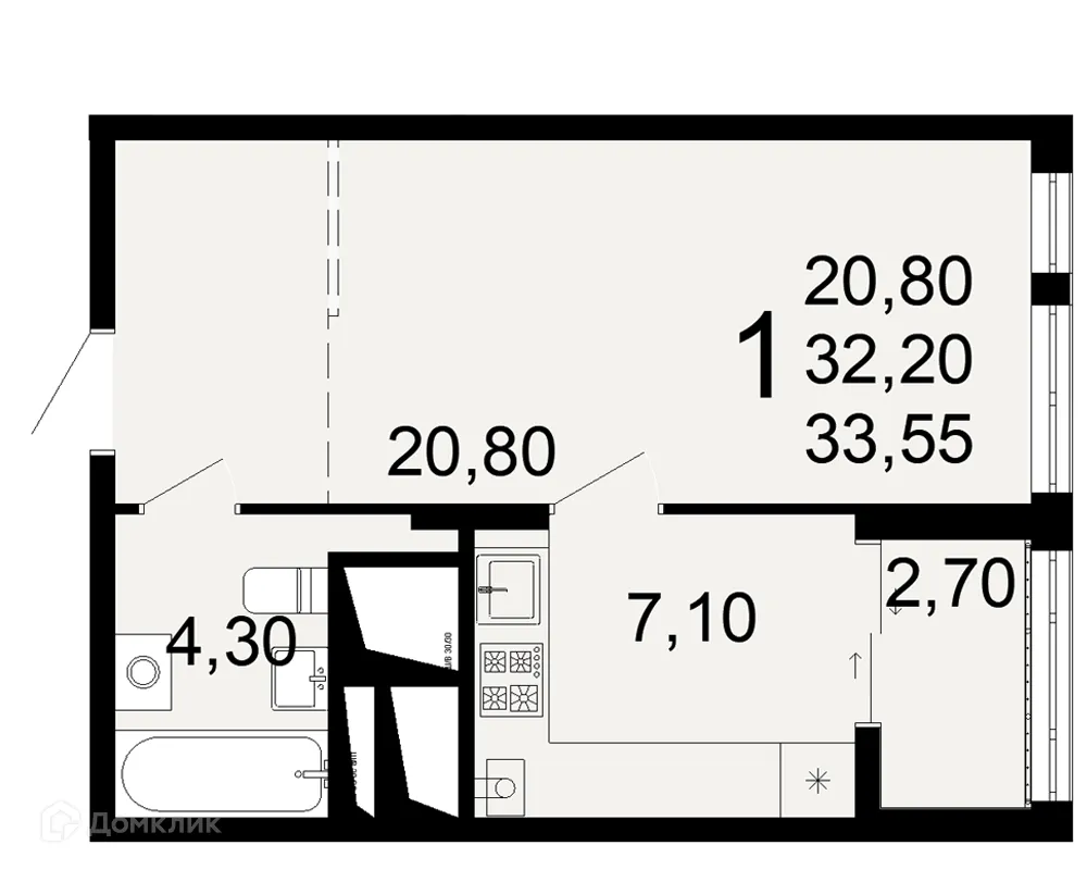 Планировка 1-комнатной квартиры 33.55 м² в ЖК "Открытие", г. Рязань — фото 1