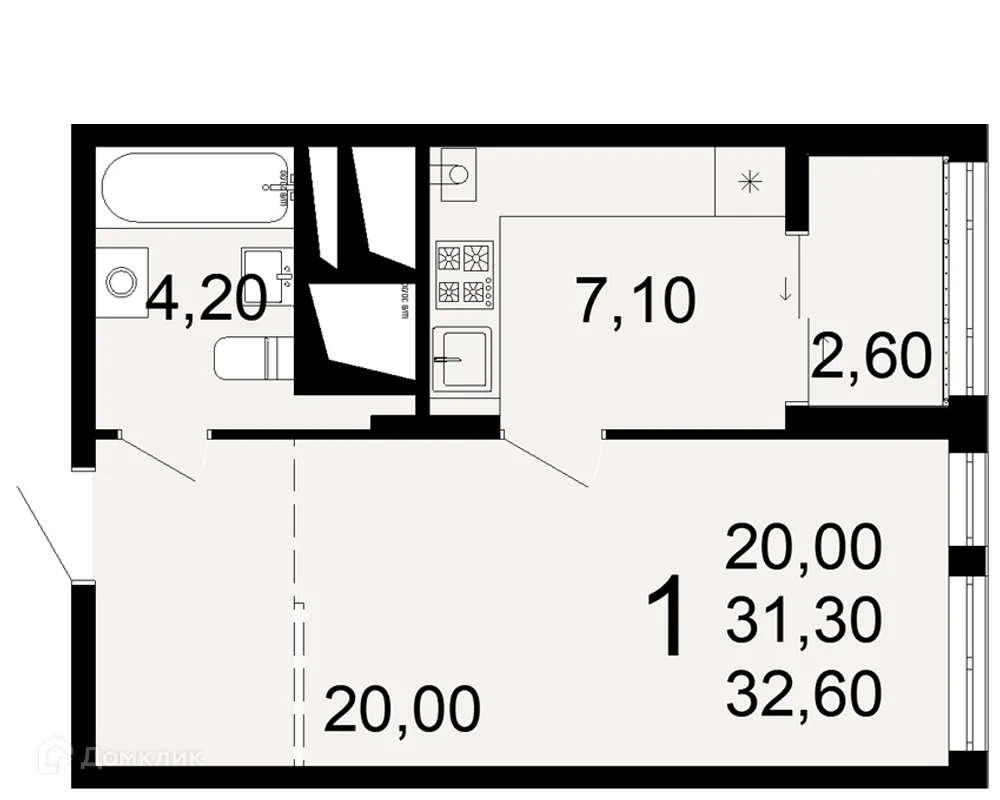 Планировка 1-комнатной квартиры 32.6 м² в ЖК "Открытие", г. Рязань — фото 2