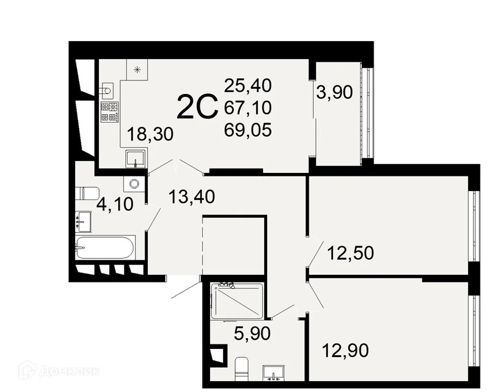 Планировка 2-комнатной квартиры 69.05 м² в ЖК "Открытие", г. Рязань — фото 2