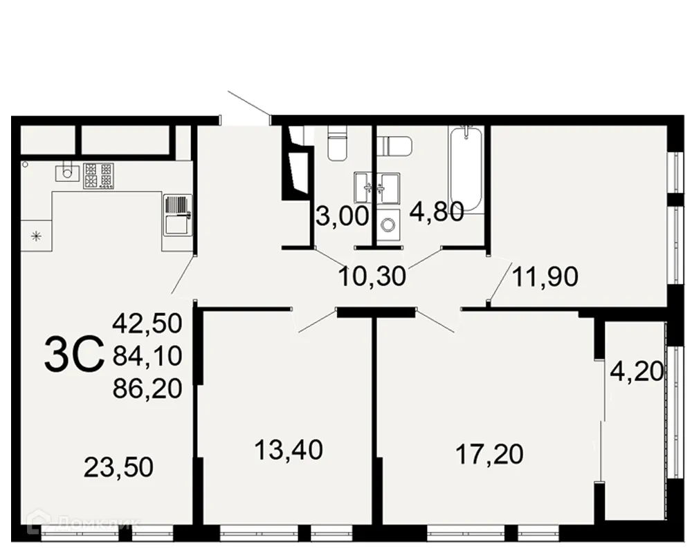 Планировка 3-комнатной квартиры 86.2 м² в ЖК "Открытие", г. Рязань — фото 2