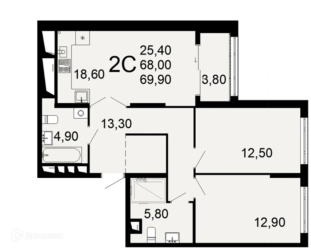 Планировка 2-комнатной квартиры 69.9 м² в ЖК "Открытие", г. Рязань — фото 1