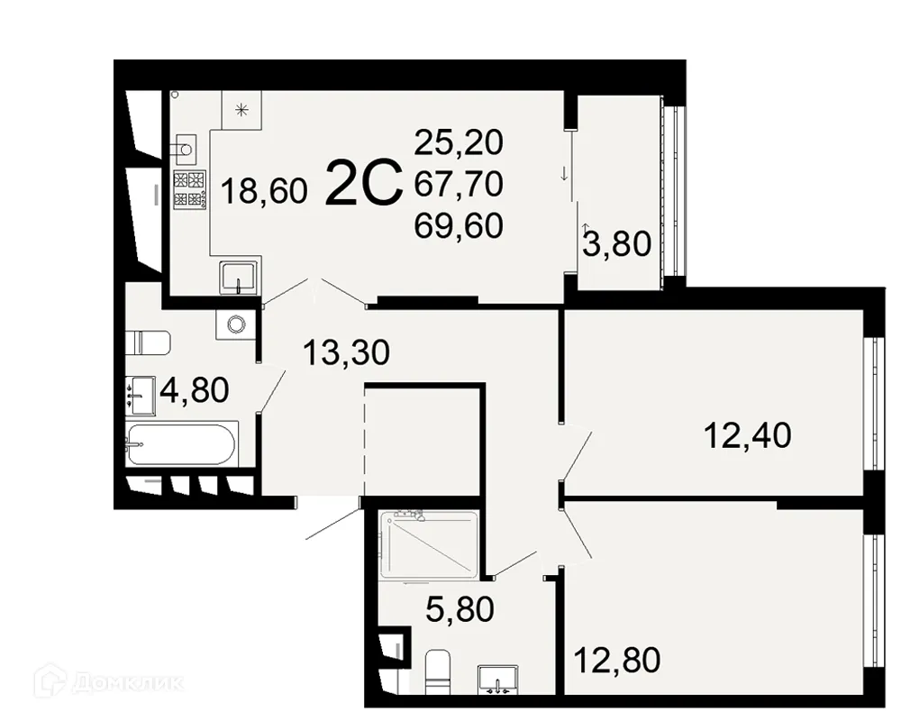 Планировка 2-комнатной квартиры 69.6 м² в ЖК "Открытие", г. Рязань — фото 1