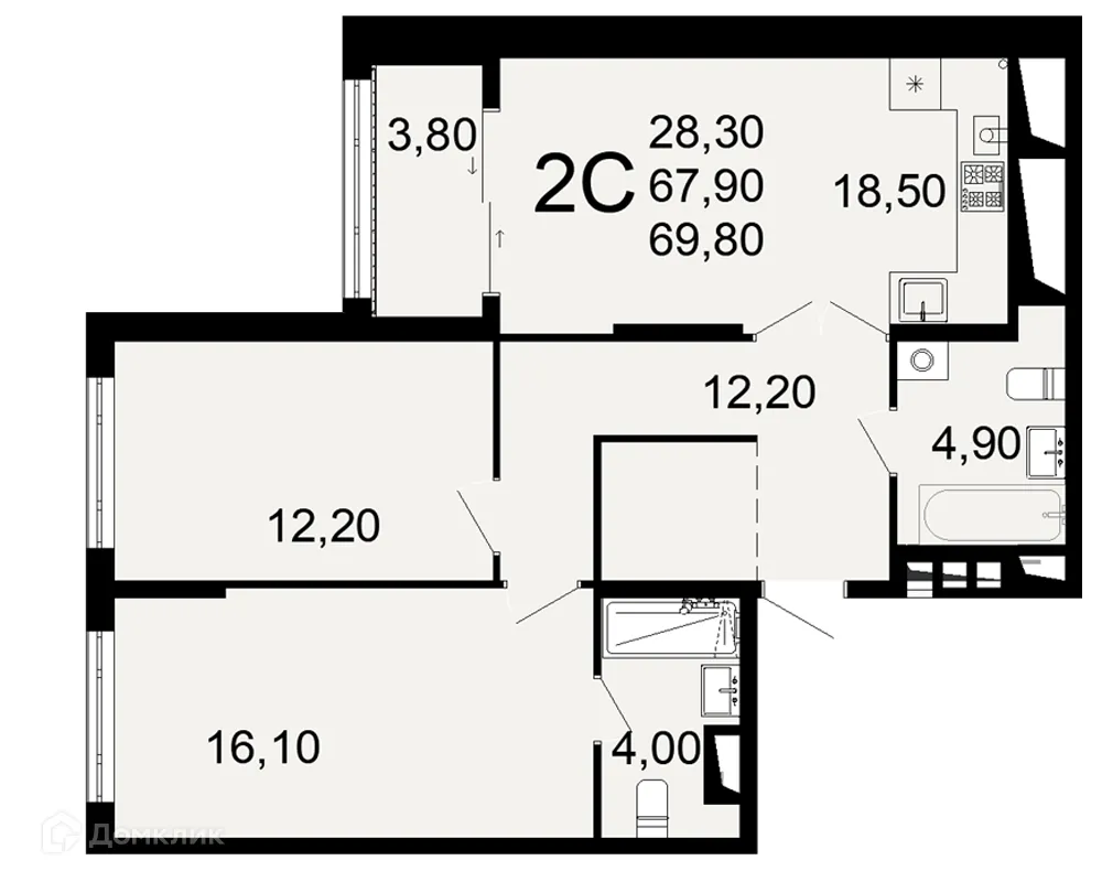 Планировка 2-комнатной квартиры 69.8 м² в ЖК "Открытие", г. Рязань — фото 1