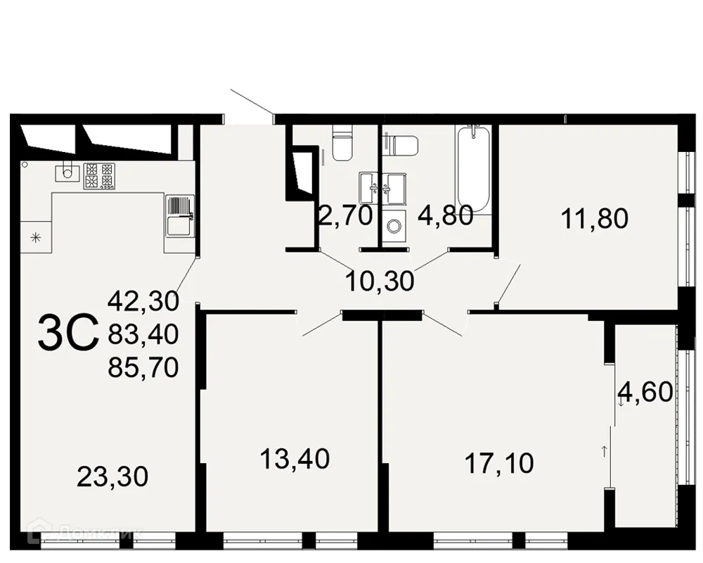 Планировка 3-комнатной квартиры 85.7 м² в ЖК "Открытие", г. Рязань — фото 1